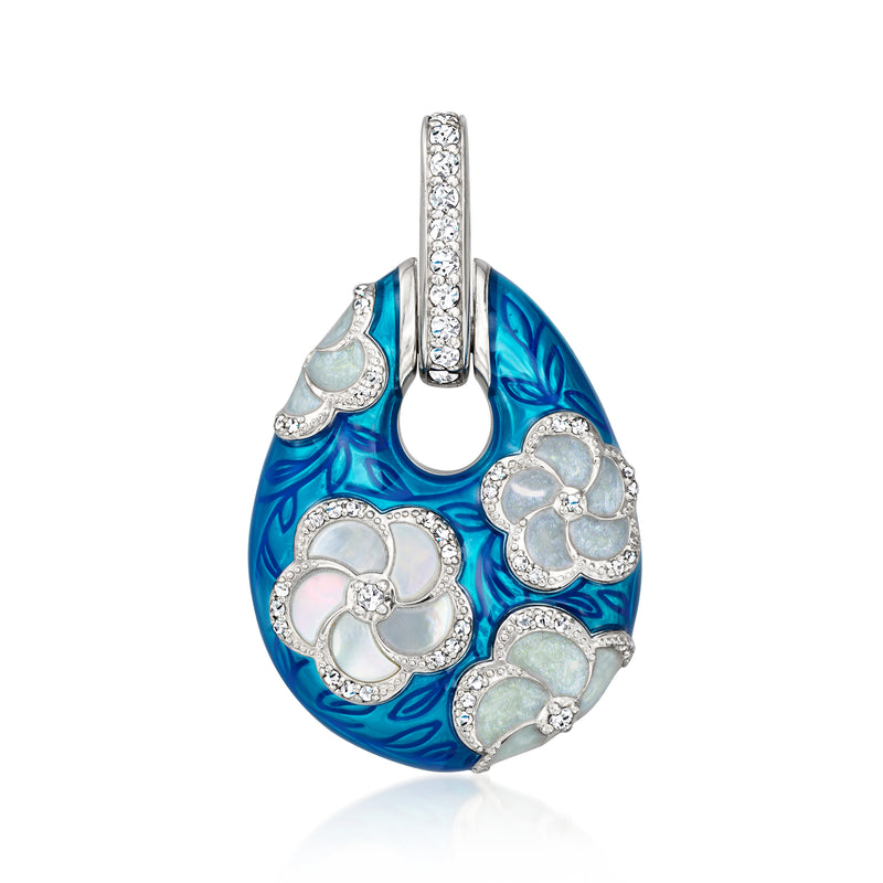 Sterling silver pendant with blue enamel floral design, mother-of-pearl accents and clear CZ