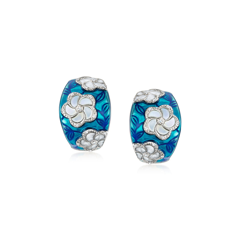 Sterling silver hoop earrings with blue enamel and floral motif with clear CZ accents