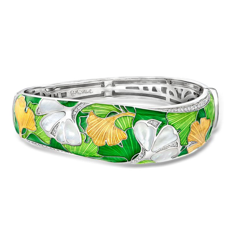 Sterling silver bangle bracelet with green and orange leaf enamel, mother-of-pearl inlay