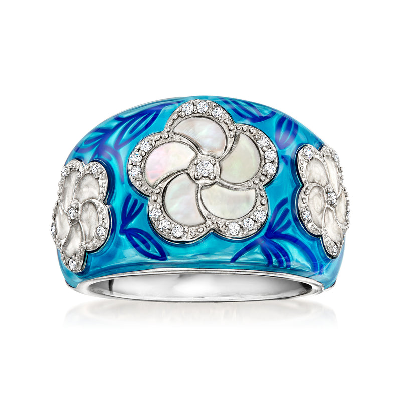 Sterling silver ring with blue enamel and mother-of-pearl flower with CZ accents