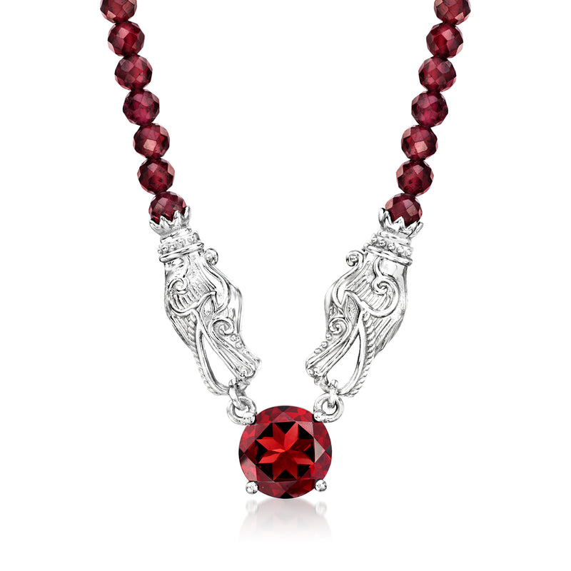 Sterling silver garnet bead necklace with round red gemstone pendant