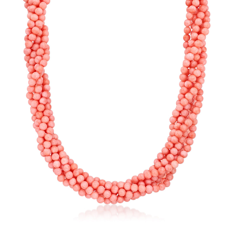 Pink coral bead torsade necklace, multi-strand with bead texture