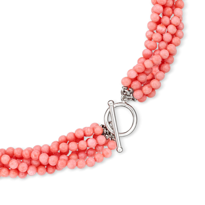Pink coral bead torsade necklace with sterling silver clasp and ring