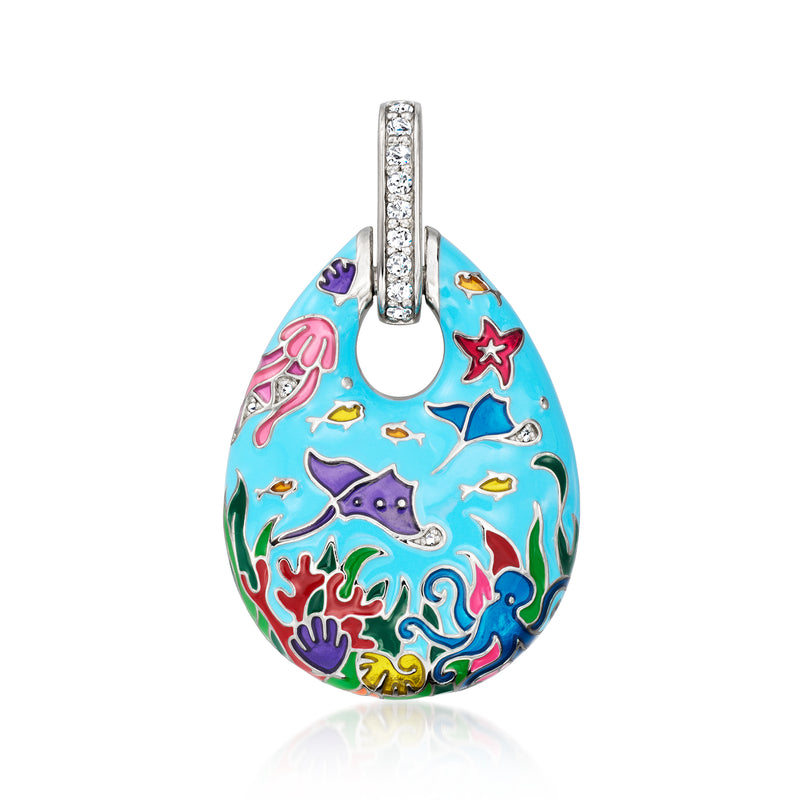 Sterling silver manta ray enamel pendant with multicolor details and CZ-set bail