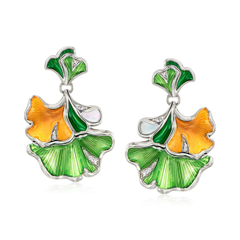Sterling silver ginkgo drop earrings with multicolor enamel and mother-of-pearl detail