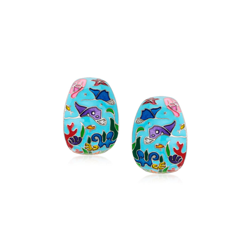 Sterling silver enamel manta ray earrings, multicolored ocean scene teardrop studs