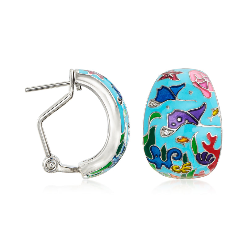Sterling silver clip/back manta ray enamel earrings, multicolored ocean motif, oval