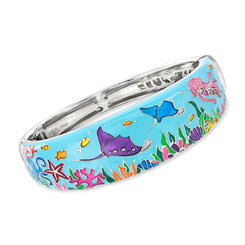 Belle Etoile sterling silver enamel bangle with multicolor sea-life and CZ accents