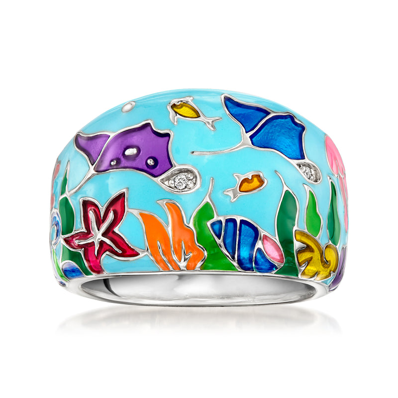 Sterling silver enamel ring with multicolored manta ray motif and CZ accents