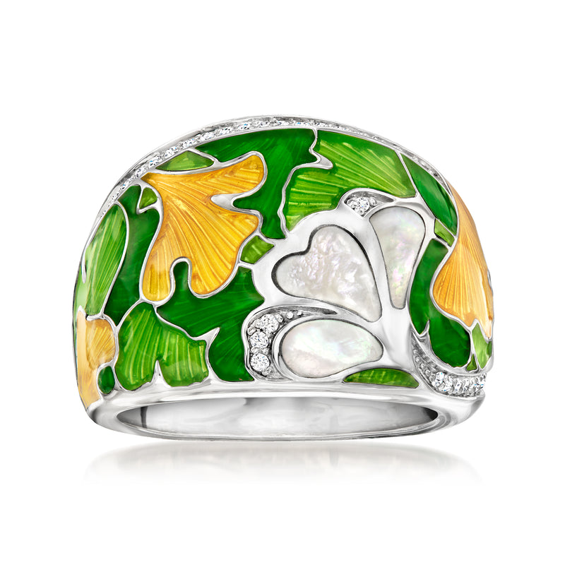 Sterling silver ring with multicolored enamel and mother-of-pearl ginkgo leaves