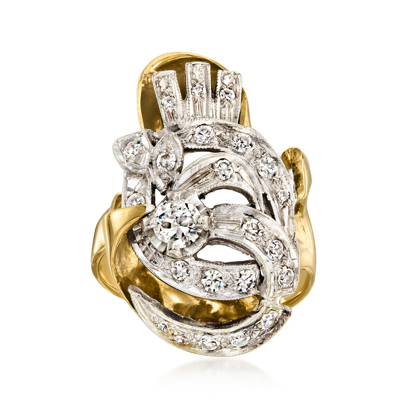Vintage 14k yellow gold diamond twist ring with clustered pave stones and openwork band