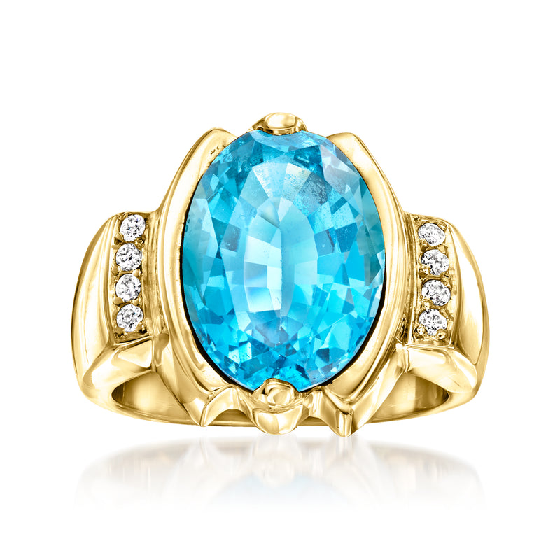 14kt yellow gold oval London blue topaz ring with diamond side clusters