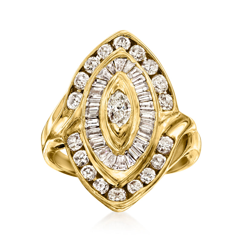 Vintage 14kt yellow gold diamond navette ring with oval and round diamond settings