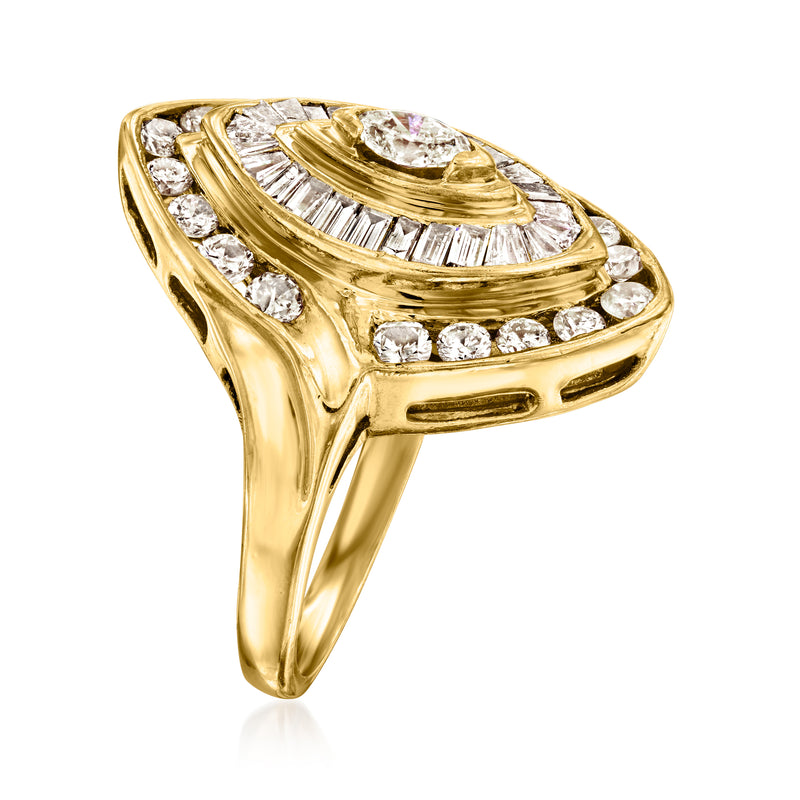 Yellow gold diamond navette ring, side view with baguette and round stone details
