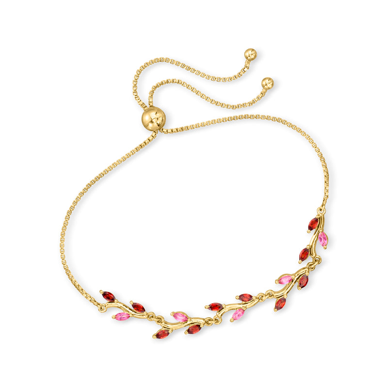 Gold bolo bracelet with leaf-shaped pink and red gemstone links and slider ends