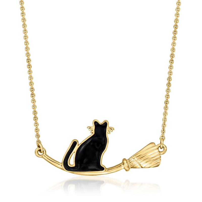 18kt gold over sterling necklace with black onyx cat on broom charm