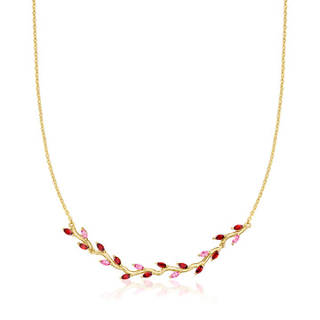1.00 ct. t.w. Garnet and .40 ct. t.w. Pink Topaz Leaf Necklace in 18kt Gold Over Sterling. 16"