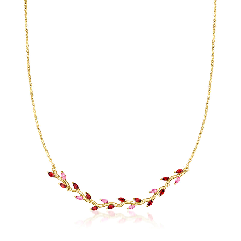 Gold over sterling leaf necklace with marquise pink topaz and red garnet stones