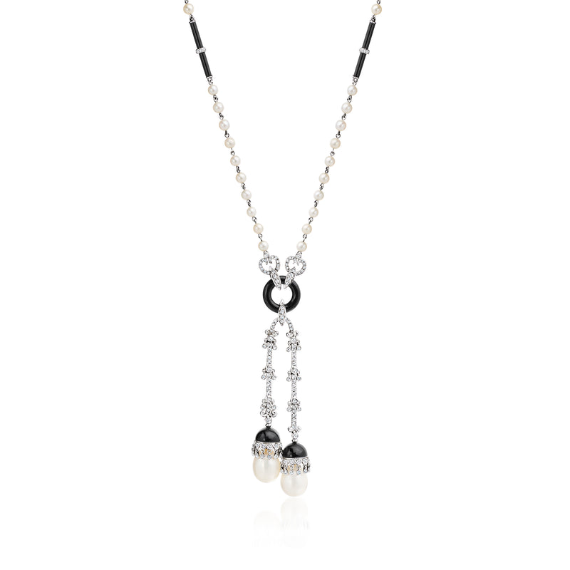 Vintage onyx, cultured pearl and diamond drop necklace in 18k white gold