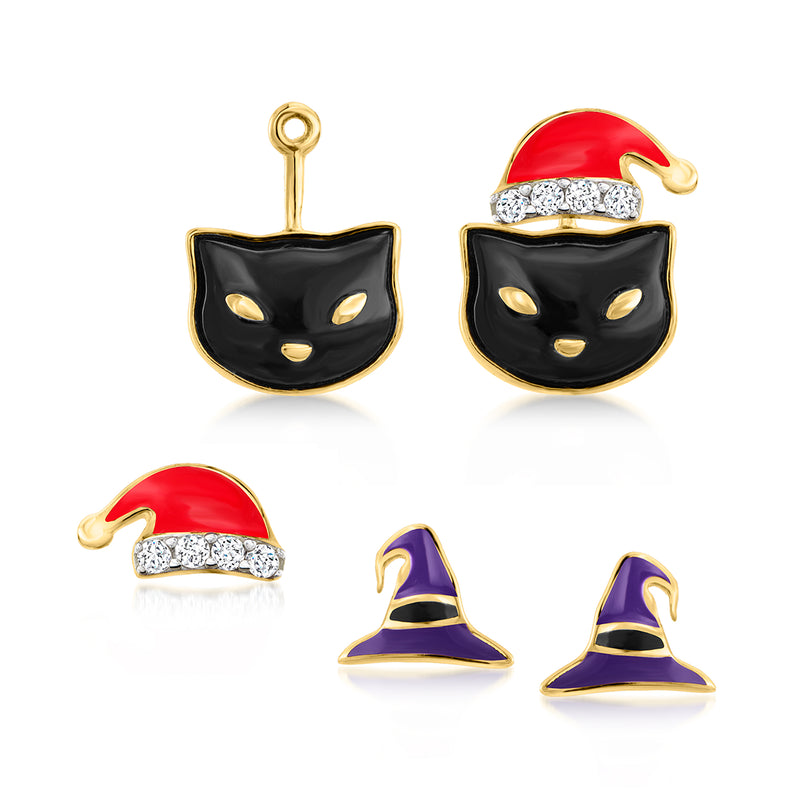 Gold-tone stud earrings with black cat face and red holiday hat, white sparkle band