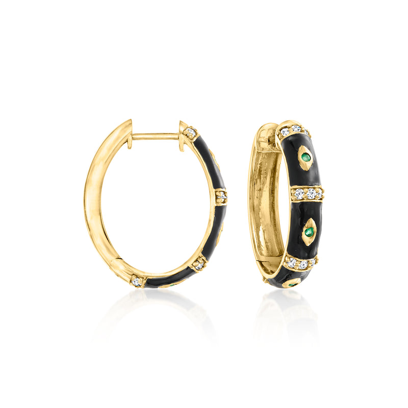 18kt gold over sterling hoop earrings with black enamel evil eye and green accents