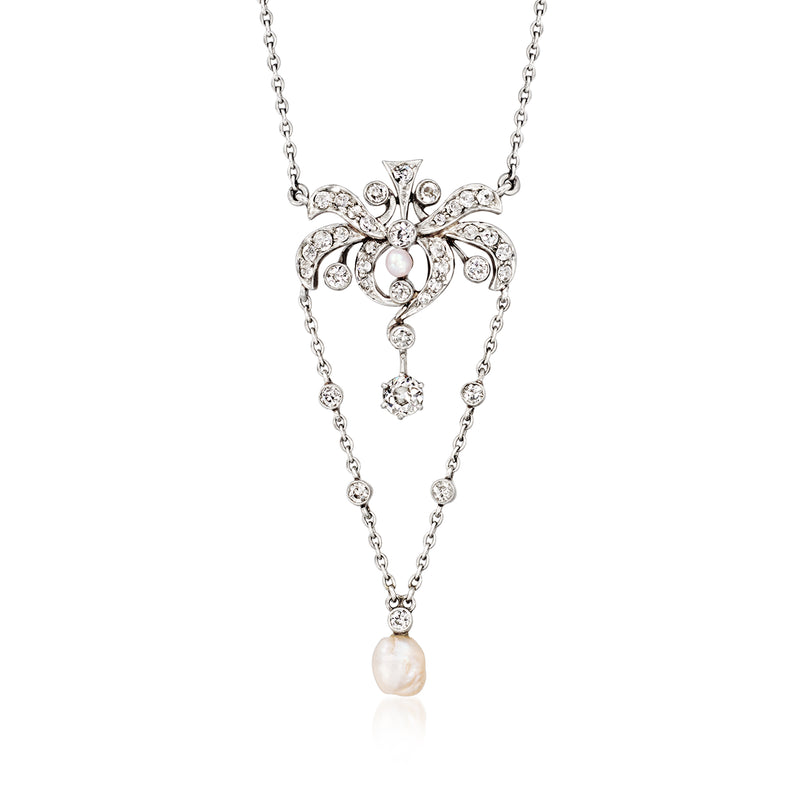 Vintage pearl and diamond drop necklace with a single cultured pearl pendant