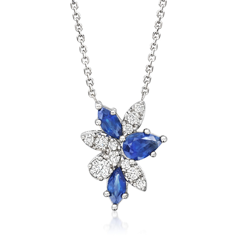 14kt white gold necklace with blue sapphire and diamond flower cluster pendant