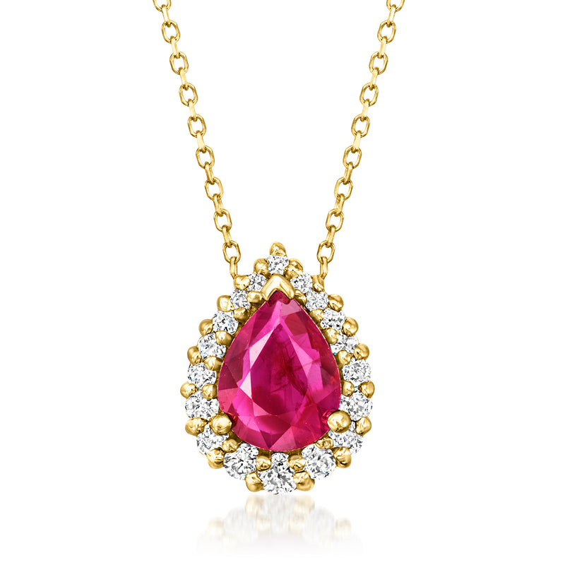 14kt yellow gold necklace with teardrop ruby pendant and diamond halo, cable chain.