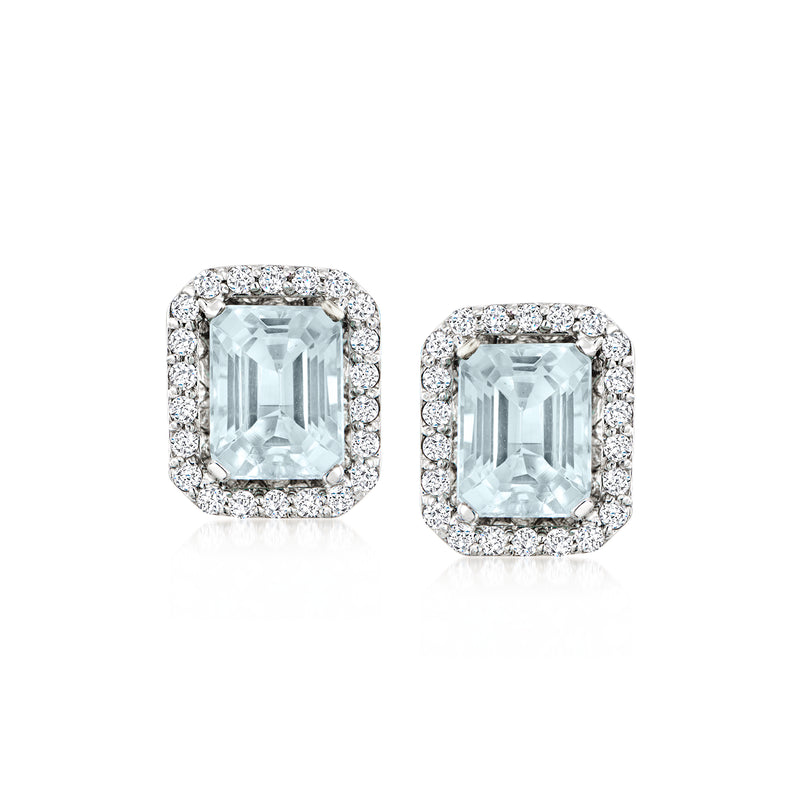 Aquamarine and diamond stud earrings, 14kt white gold, square halo