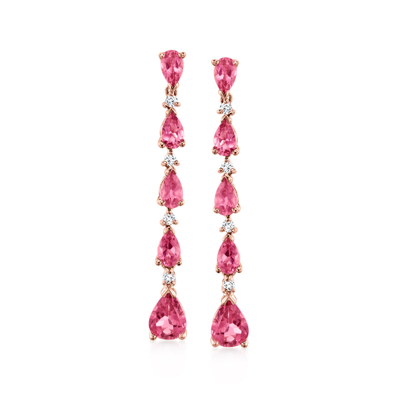 Rose gold drop earrings with pink teardrop tourmalines and small diamond accents