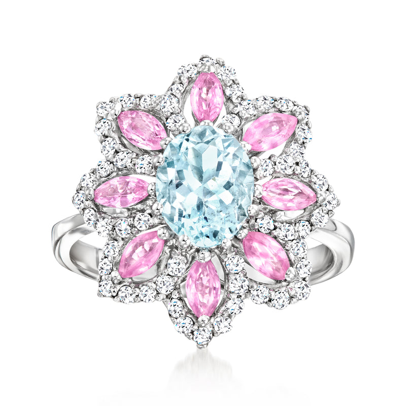 14kt white gold flower ring with round aquamarine center, pink sapphires, diamond halo