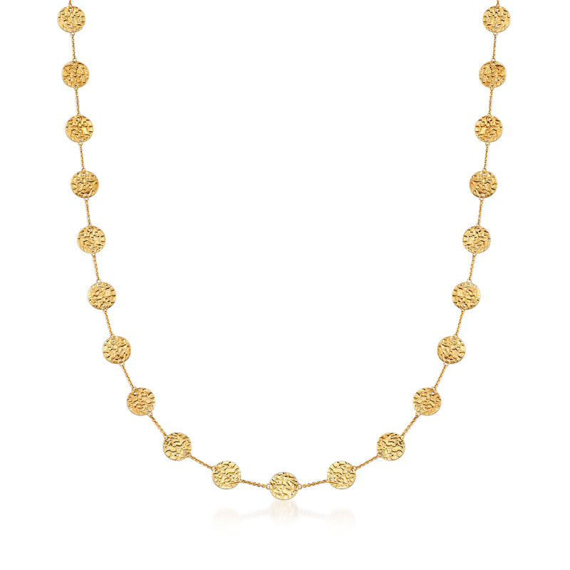 Yellow gold hammered disc station necklace with evenly spaced round links
