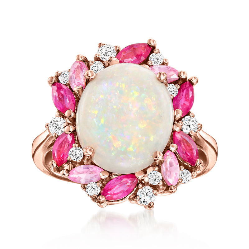 14kt rose gold opal center ring with pink gemstones and diamond accents