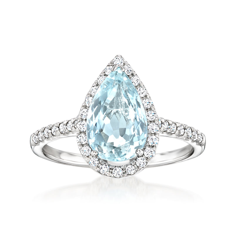 Aquamarine and diamond ring in white gold with pear-cut center stone
