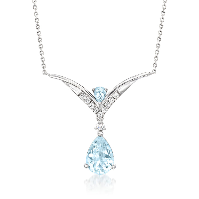 14kt white gold aquamarine teardrop pendant necklace with diamond accents, V-shape