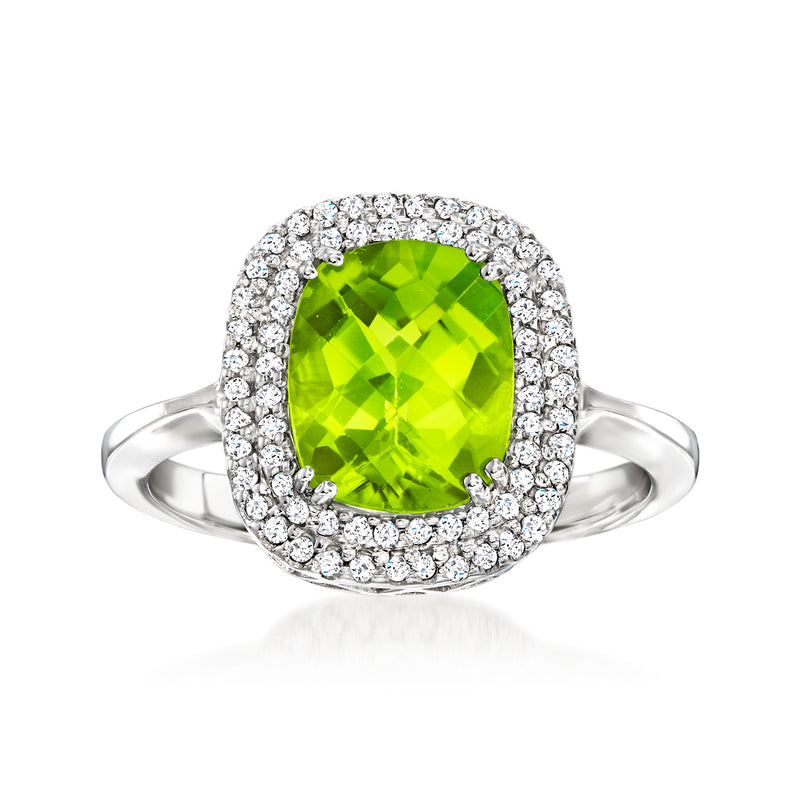 14kt white gold ring with oval peridot and diamond halo