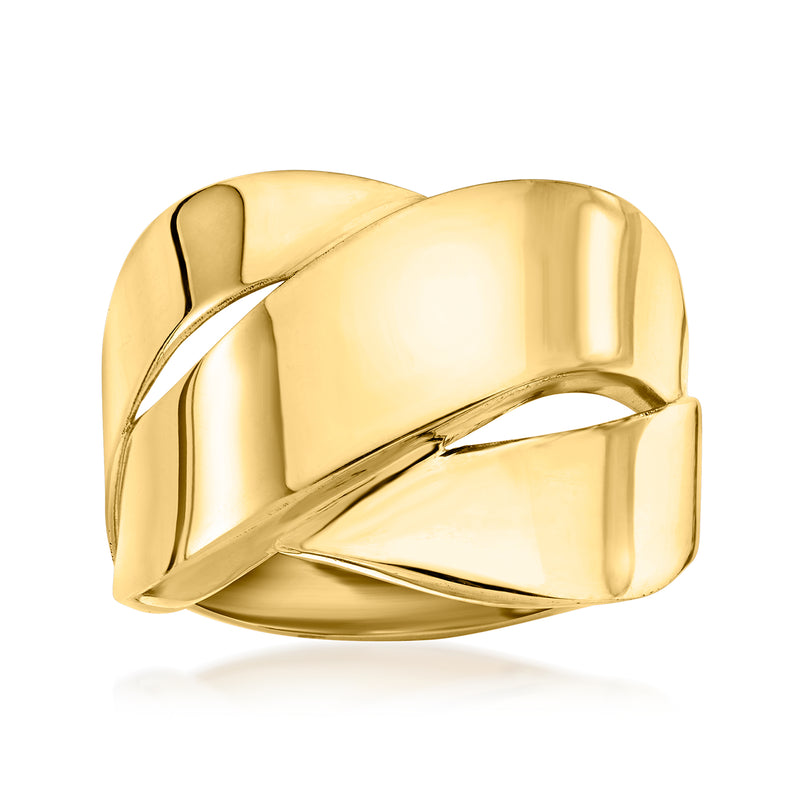 Yellow gold ribbon-style band ring with smooth, polished curved design