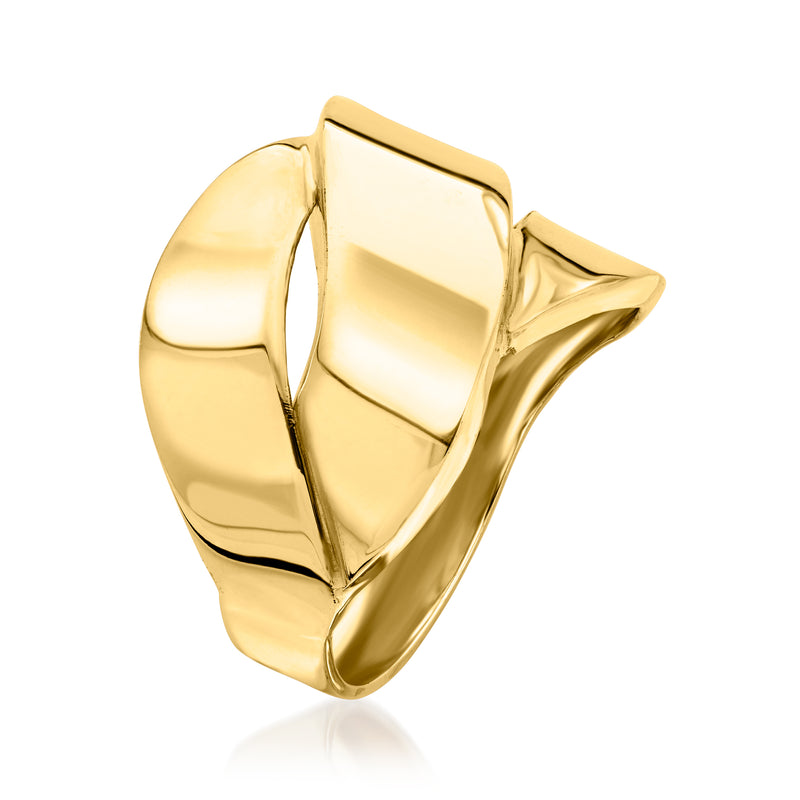 Yellow gold ribbon band ring with open center and glossy polished finish