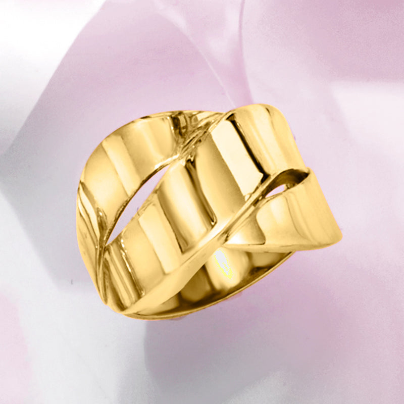 Polished yellow gold ribbon ring with raised diagonal fold details