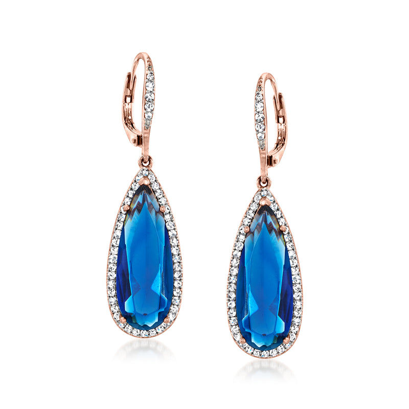 Rose gold leverback drop earrings with pear-cut blue stone and CZ halo
