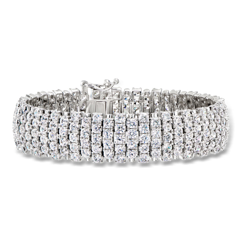Sterling silver CZ tennis bracelet with bright round stones, hinged box clasp