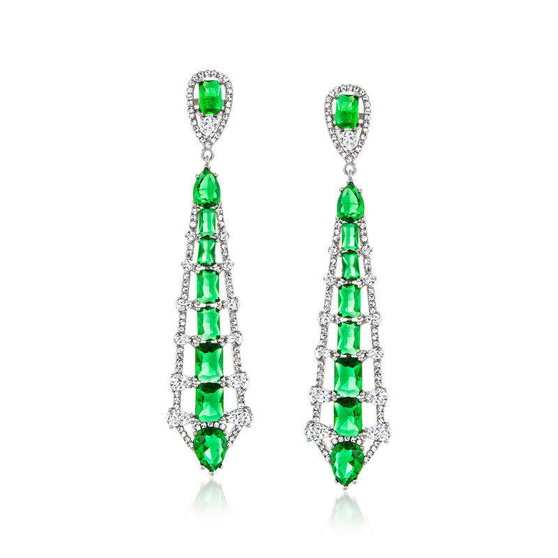 Sterling silver drop earrings with green emerald-cut stones and clear CZ accents