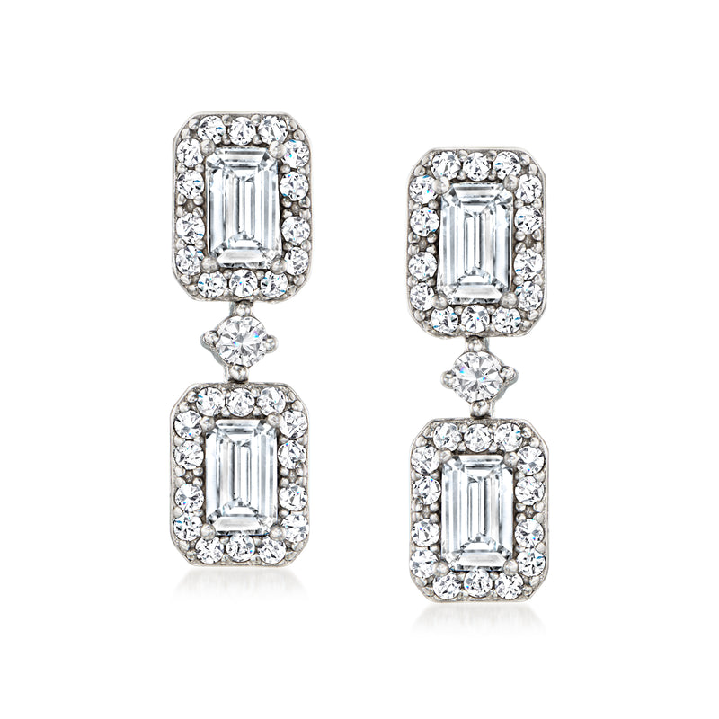 Sterling silver CZ drop earrings with two rectangular crystal halo tiers and round accents