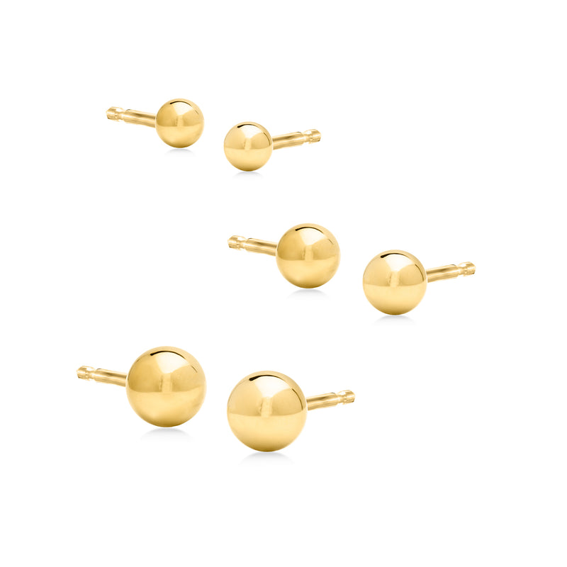 Gold ball stud earring set with three pairs of round 3–5mm studs