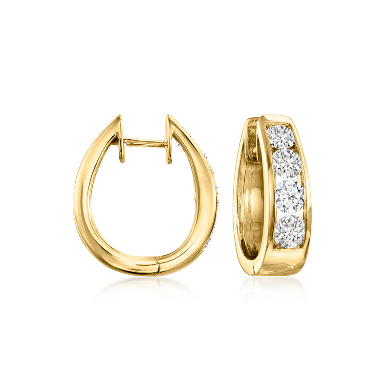 18kt yellow gold hoop earrings with three-stone diamond panel, hinged clasp