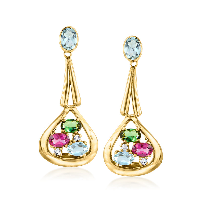 18kt yellow gold drop earrings with oval blue top stones and teardrop multi-gem dangles