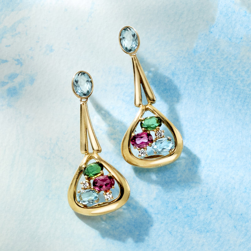 Yellow gold drop earrings with blue top stones and teardrop multi-gem center clusters