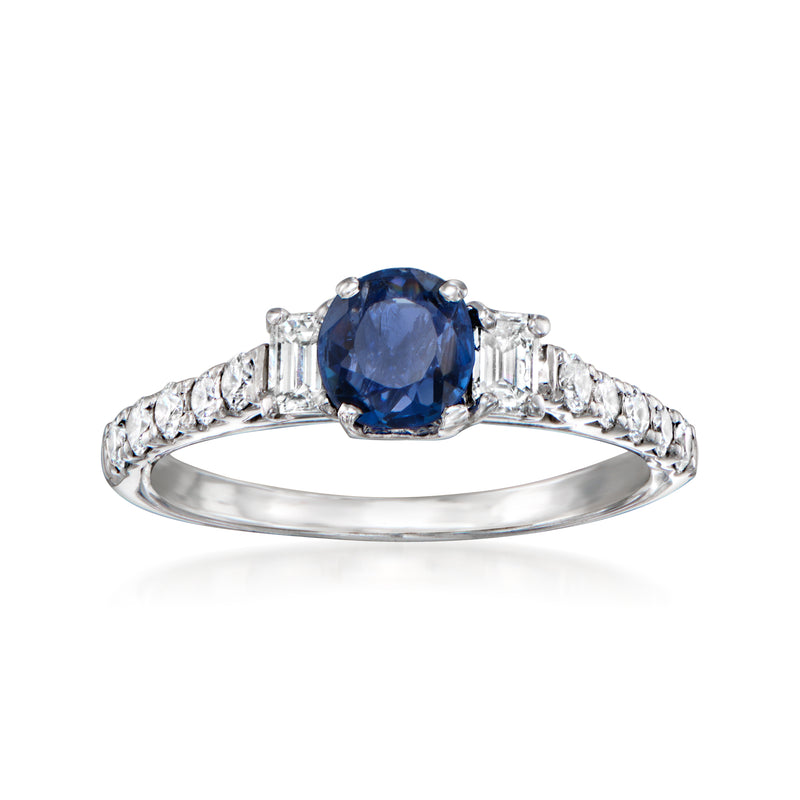 White gold sapphire and diamond vintage-style ring with oval blue center stone