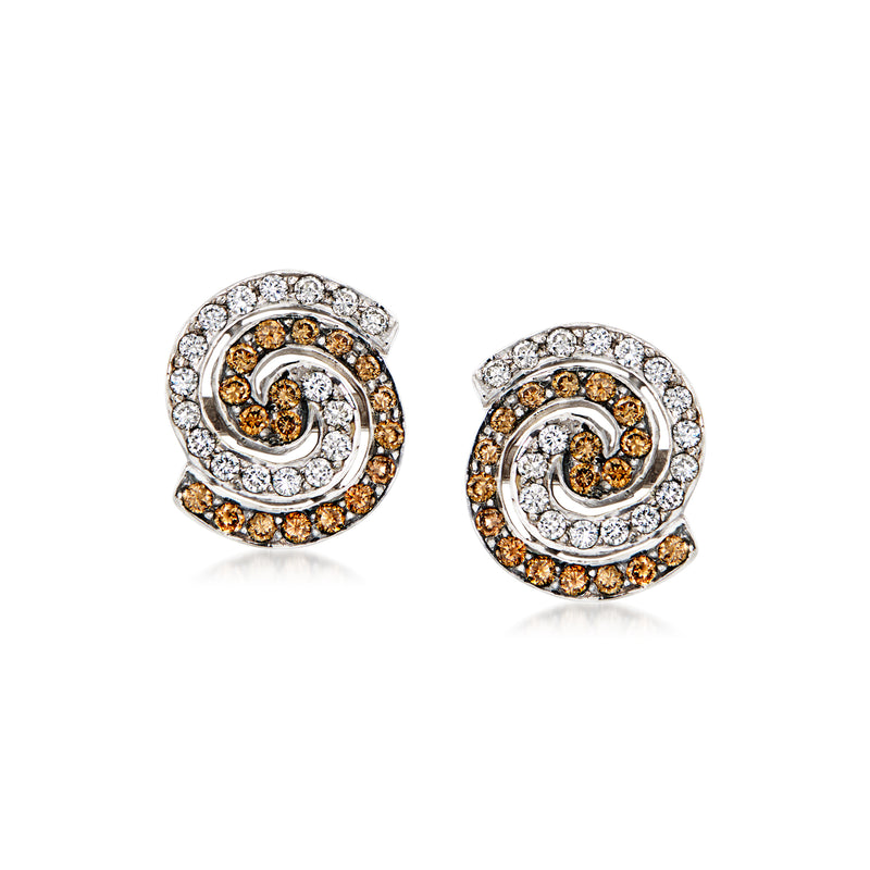 White gold diamond swirl stud earrings with brown and white stones, round halo design