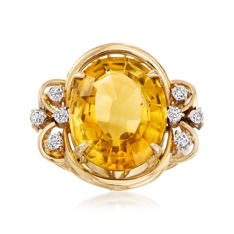 Vintage yellow gold ring with oval citrine and round diamond accents